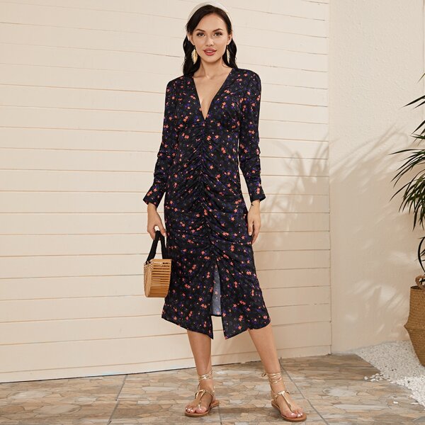 

Floral Print Deep V Neck Ruched Front Dress, Black