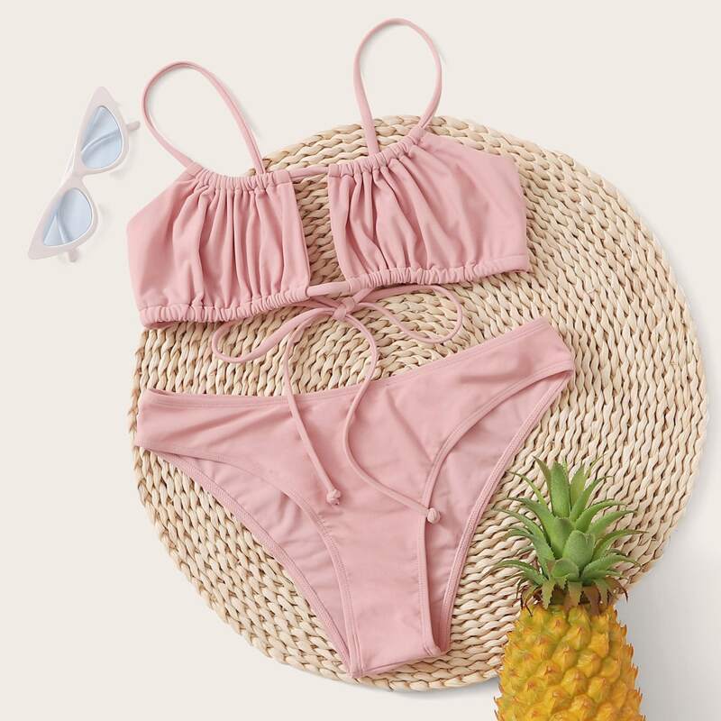 

Ruched Tie Back Bikini Swimsuit, Pink