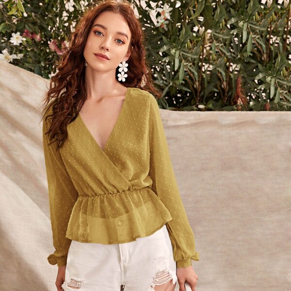 

Swiss Dot Knot Cuff Peplum Blouse, Yellow