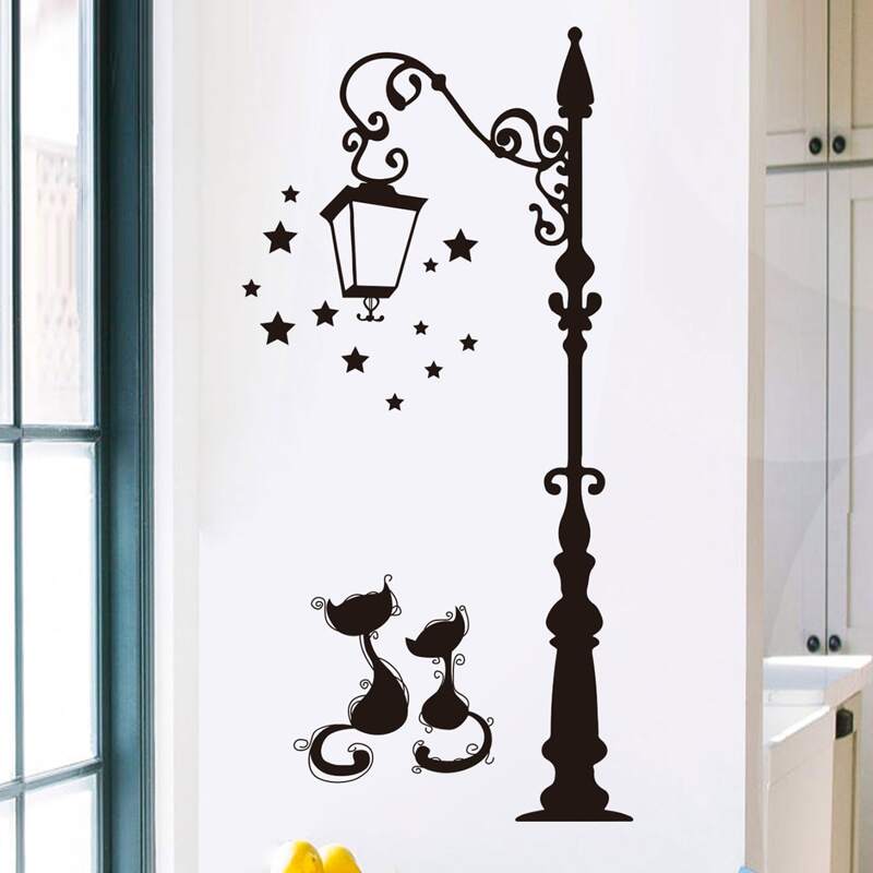 

Street Light & Cat Print Wall Sticker, Black