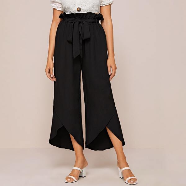 

Paperbag Waist Belted Wrap Pants, Black