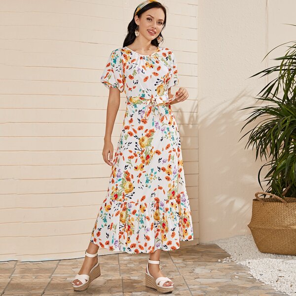 

Floral Print Ruffle Hem Belted Dress, Multicolor