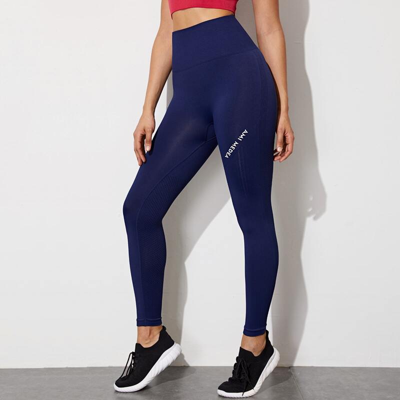 

Letter Graphic Wide Waistband Sports Leggings, Navy blue