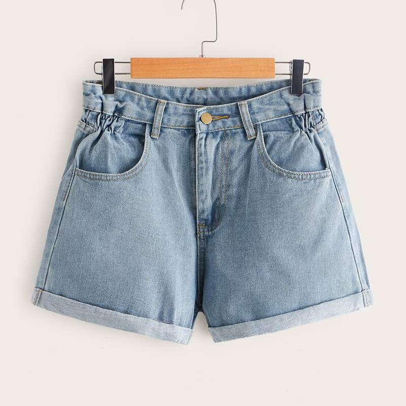 

Solid Roll Hem Denim Shorts, Blue