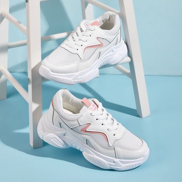 

Lace-up Front Mesh Panel Chunky Heels, White