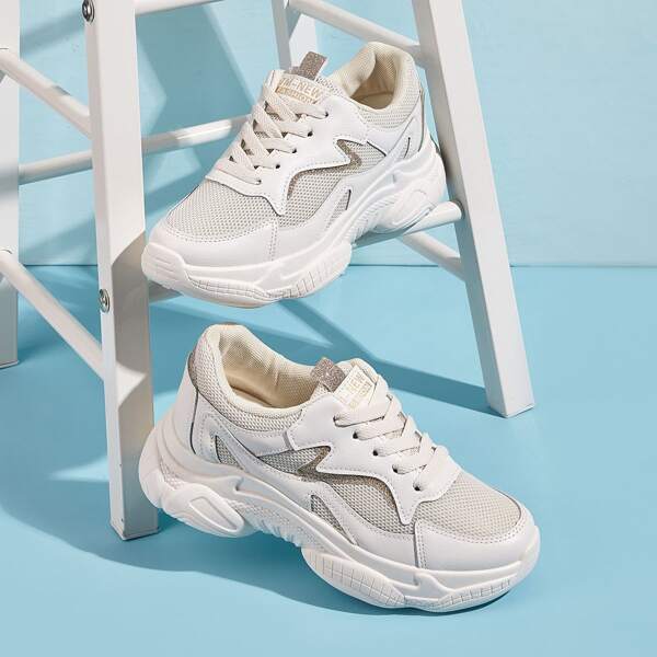 

Lace-up Front Mesh Panel Chunky Heels, White
