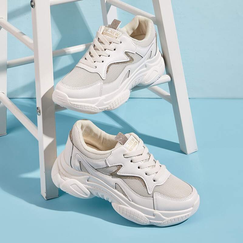 

Lace-up Front Mesh Panel Chunky Heels, White