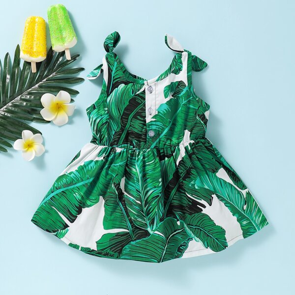 

Baby Girl Tie Shoulder Tropical Print Dress, Green