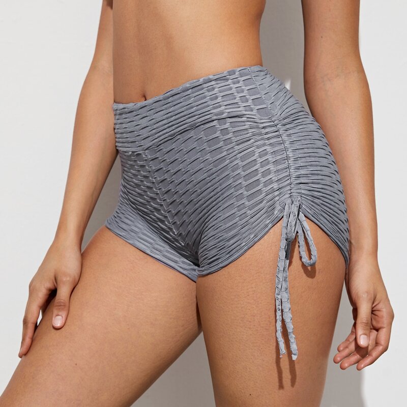 Waffle Textured Knotted Side Sports Shorts, Grey
