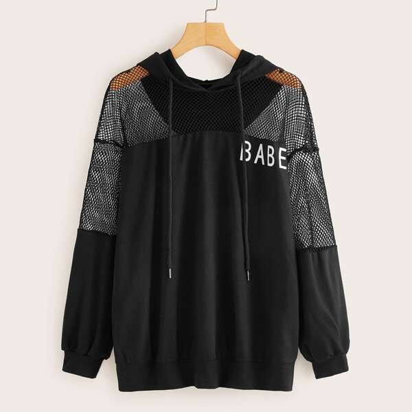 

Letter Graphic Fishnet Mesh Yoke Oversized Hoodie, Black