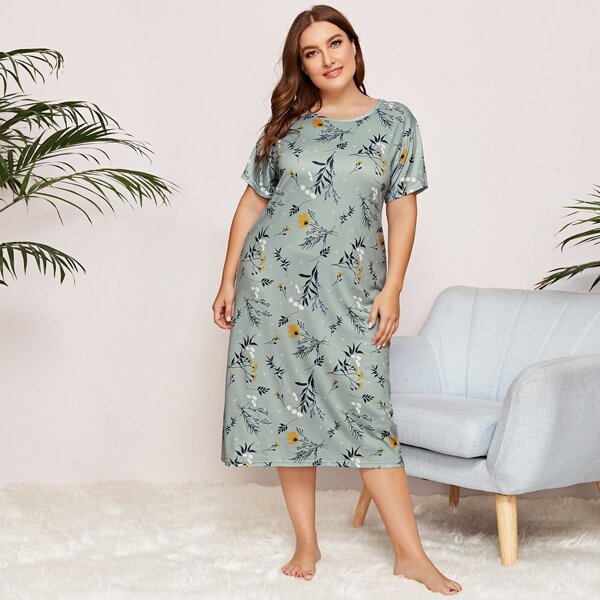 

Plus Floral Print Night Dress, Grey