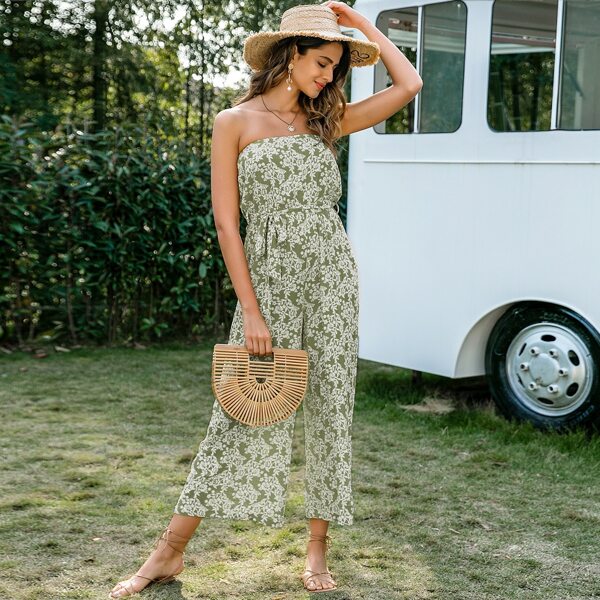 

Belted Floral Print Tube Jumpsuit, Green