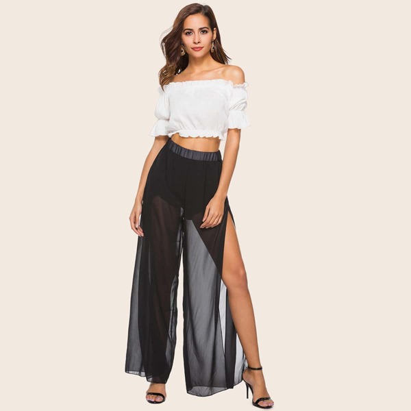 

Split Thigh Elastic Waist Sheer Mesh Pants, Black