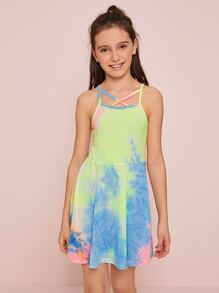 SHEIN Girls Crisscross Front Tie Dye Cami Dress