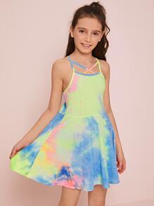 SHEIN Girls Crisscross Front Tie Dye Cami Dress