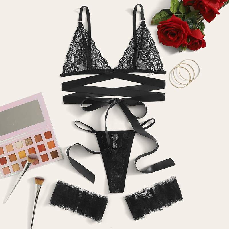 

Floral Lace Wrap Garter Leg Ring Lingerie Set, Black