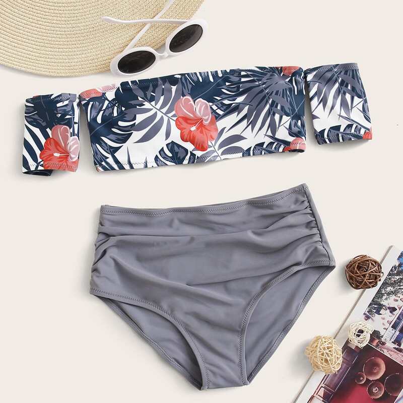 

Tropical Off Shoulder Ruched High Waist Bikini Swimsuit, Multicolor