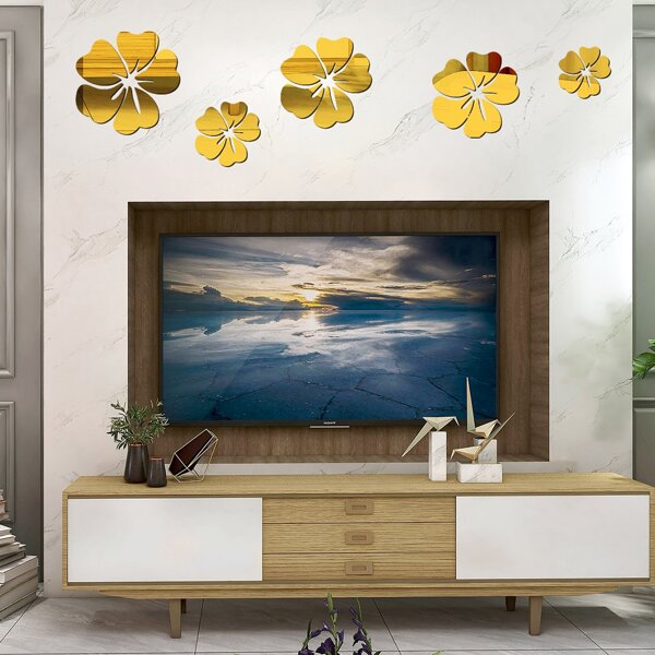 

5pcs Flower Mirror Surface Wall Sticker, Gold