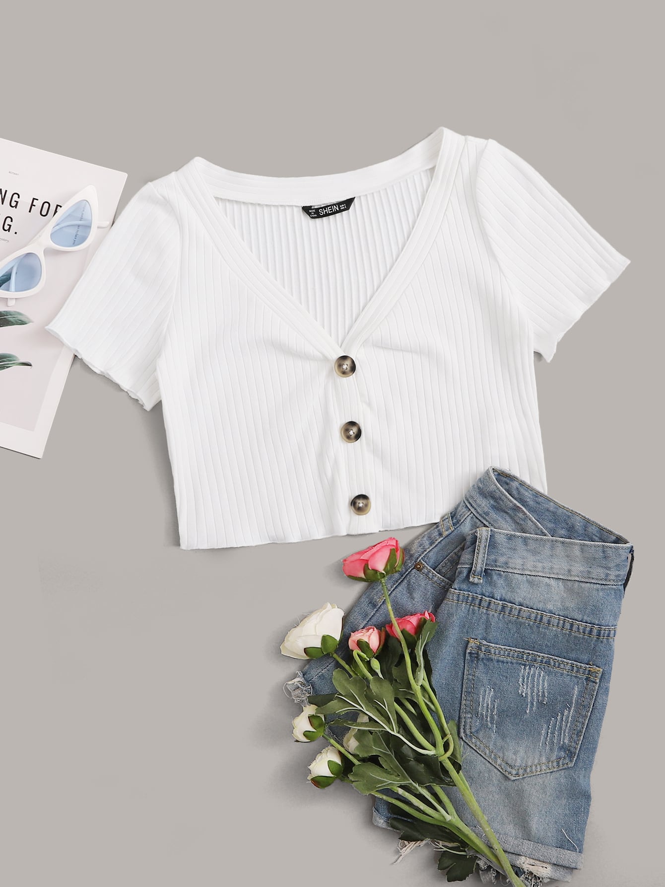 Button Front Rib-knit Crop Tee thumbnail