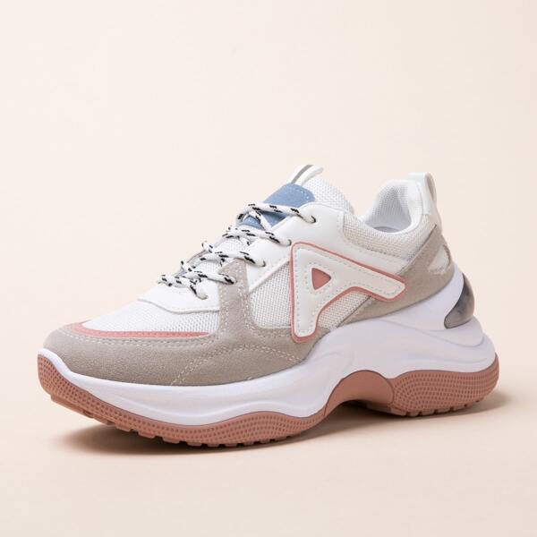 

Letter Patch Suede Panel Chunky Sneakers, Multicolor