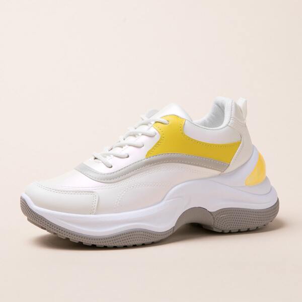 Color Block Lace-up Front Chunky Sneakers, White