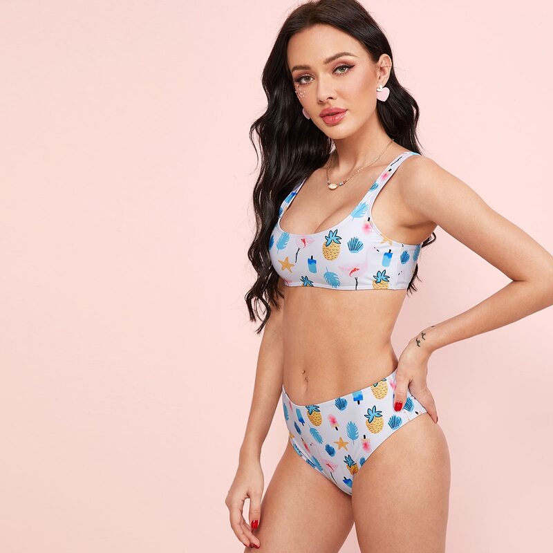 

Cartoon Graphic High Waisted Bikini Swimsuit, Multicolor