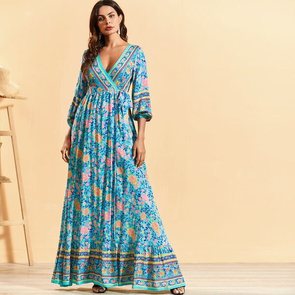 Ditsy Floral Surplice Maxi Dress, Blue