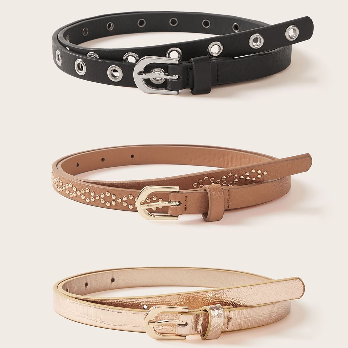 

3pcs Studded Decor Eyelet PU Buckle Belt, Multicolor