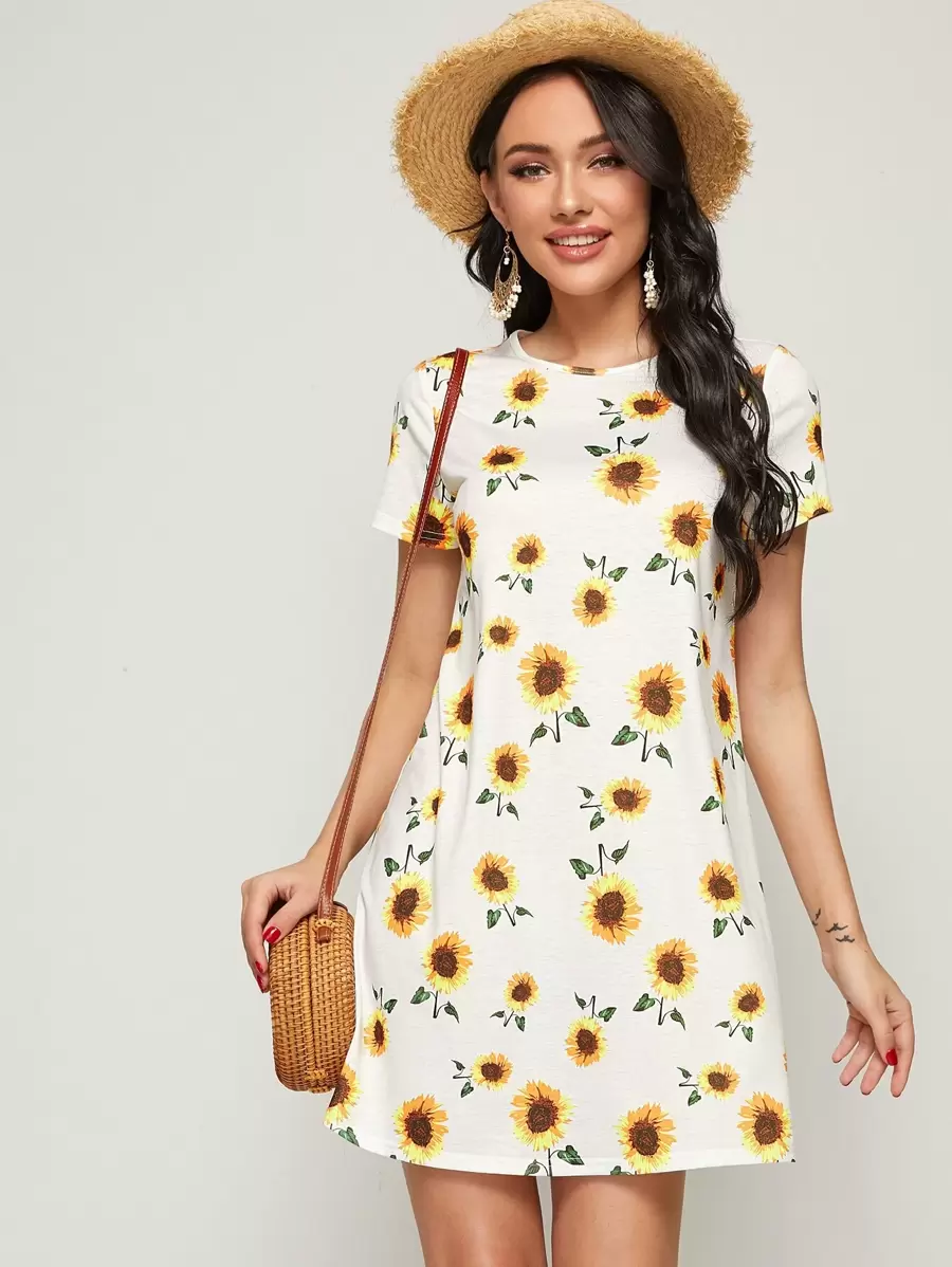 SHEIN VCAY Vestido estilo camiseta con estampado de girasol - Blanco - Ver 1