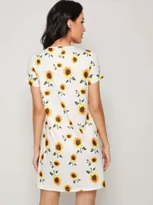SHEIN VCAY Vestido estilo camiseta con estampado de girasol - Blanco - Ver 2
