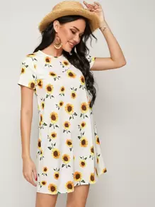 SHEIN VCAY Vestido estilo camiseta con estampado de girasol - Blanco - Ver 3