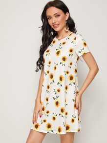 SHEIN VCAY Vestido estilo camiseta con estampado de girasol - Blanco - Ver 5
