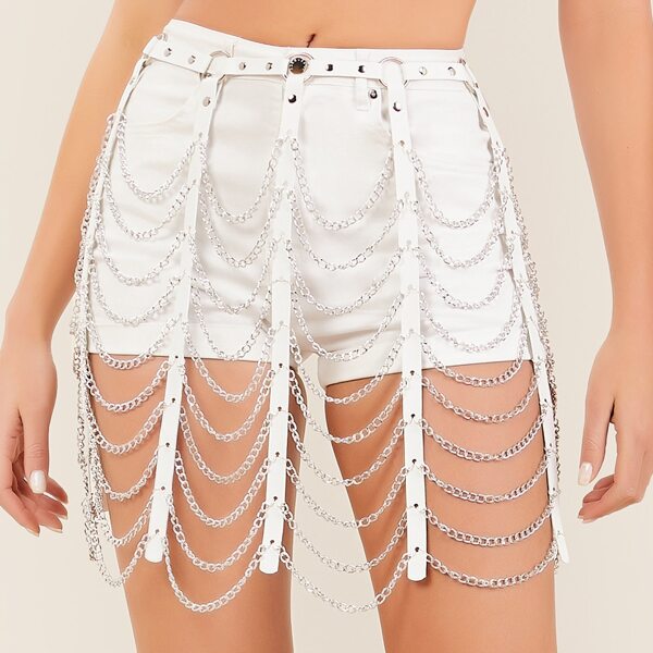 

Faux Leather And Chain Link Overlay Skirt Without Shorts, White
