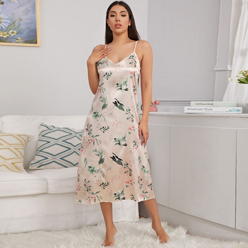 

Floral & Plants Print Satin Cami Nightdress, Beige