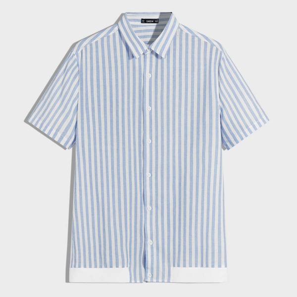 

Men Contrast Ribbed Hem Striped Shirt, Blue