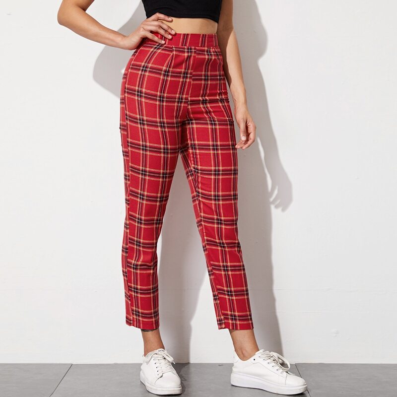 

Tartan Cropped Straight Leg Pants, Red