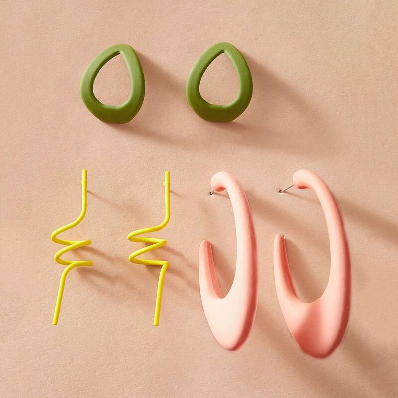 

3pairs Spiral & Geometric Earrings Set, Multicolor