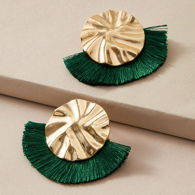 

1pair Textured Fan Tassel Decor Earrings, Multicolor