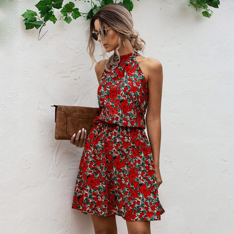 

Floral Print Halter A-line Dress, Multicolor