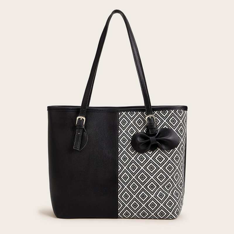 

Bow Decor Geometric Pattern Tote Bag, Black