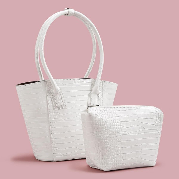 

Croc Embossed Tote Bag With Inner Pouch, White