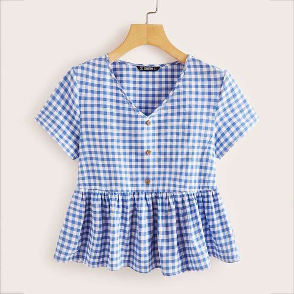 

Buttoned Front Gingham Peplum Top, Blue