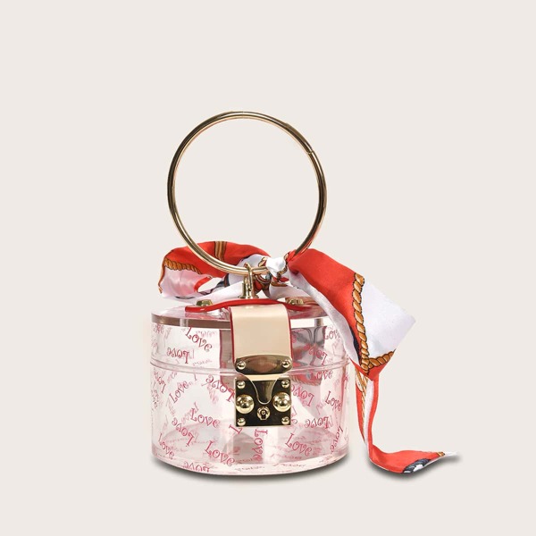 

Mini Ring Handle Scarf Decor Clear Satchel Bag, Red
