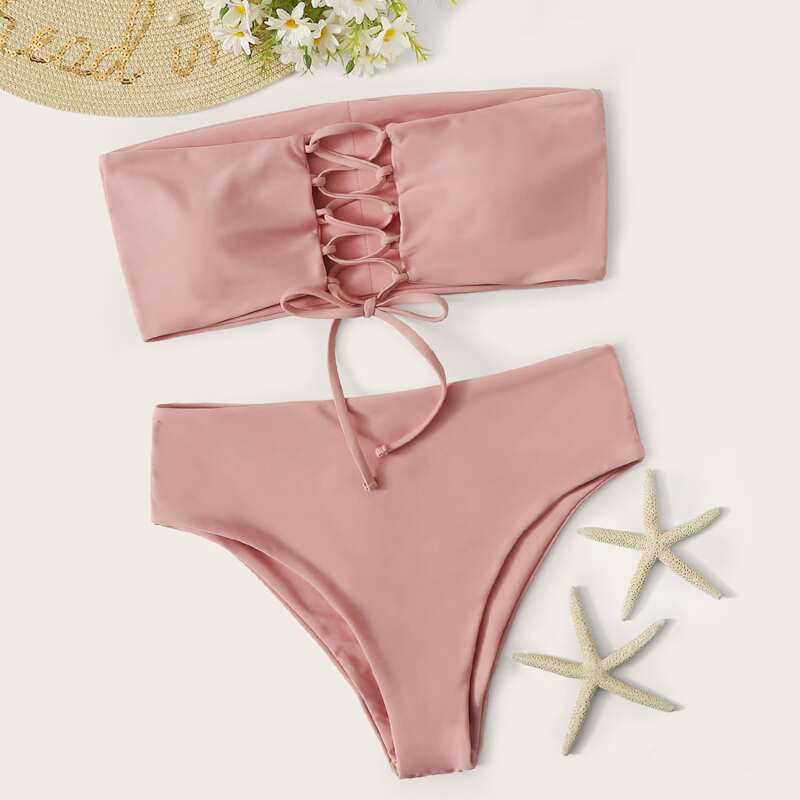

Plain Bandeau High Waisted Bikini Swimsuit, Pink