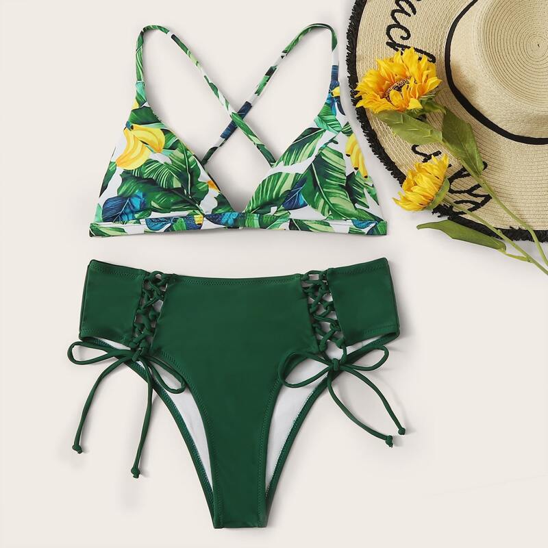 

Random Tropical Triangle Lace Up Bikini Swimsuit, Green