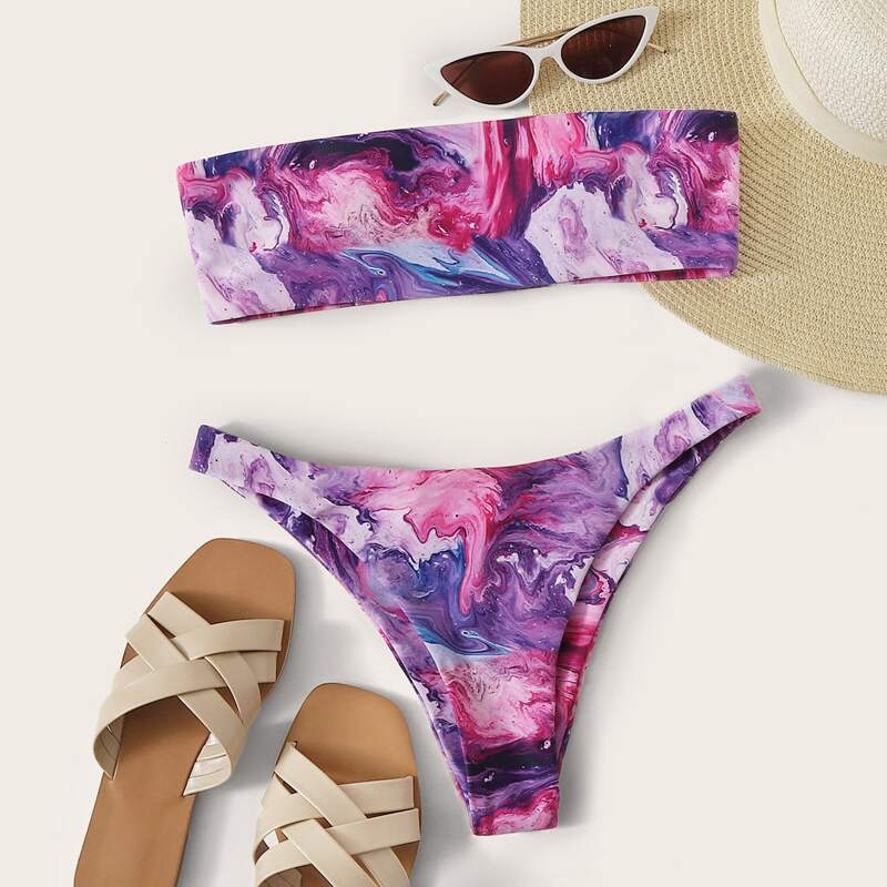 

Tie Dye Bandeau High Cut Bikini Swimsuit, Multicolor
