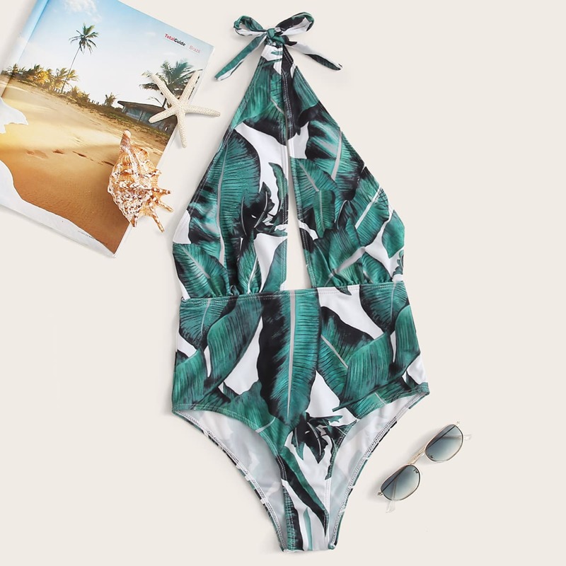 

Plunging Halter Random Tropical One Piece Swimsuit, Green