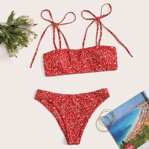 

Ditsy Floral Tie Shoulder Bikini Swimsuit, Red