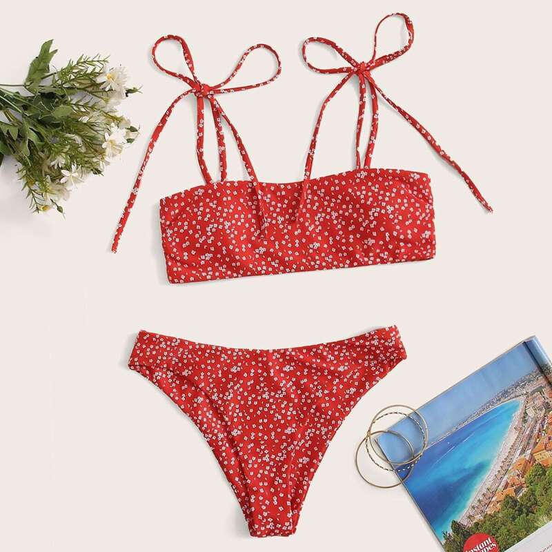

Ditsy Floral Tie Shoulder Bikini Swimsuit, Red