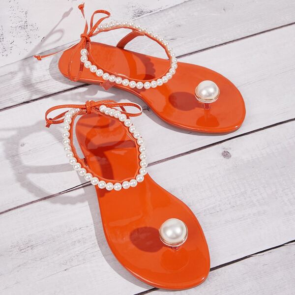 

Faux Pearl Decor Ankle Strap Sandals, Orange